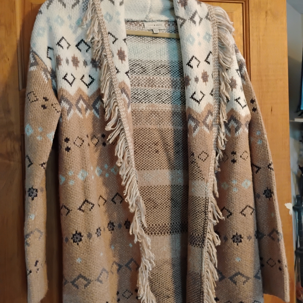 Lucky Brand Beige and White Patterned Knee Length Cardigan